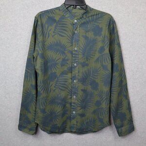 Catamaran Mens Medium Mao Neck Green Floral Plant Button Up Linen Blend Italy